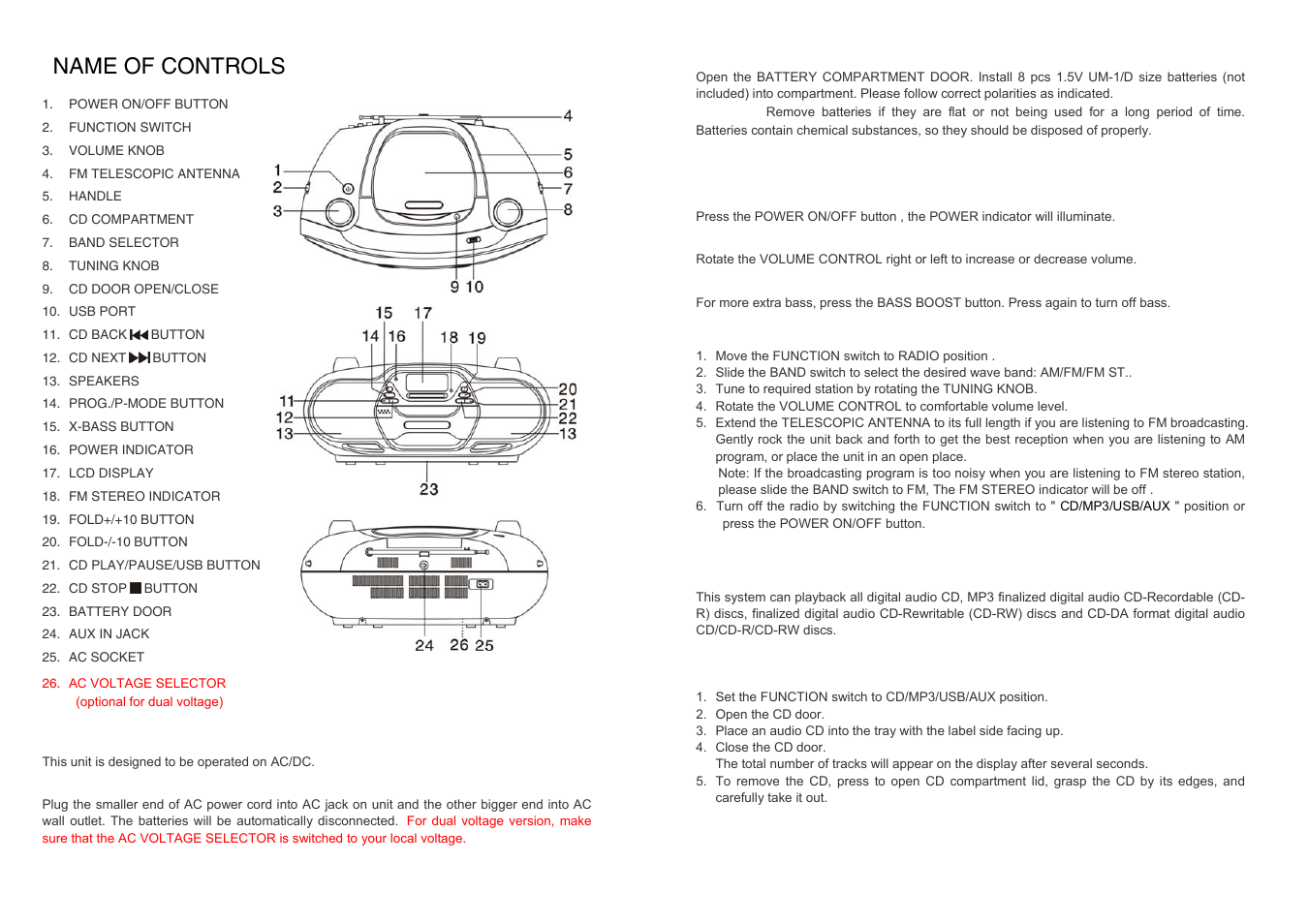 Name of controls | Naxa NPB-257 User Manual | Page 2 / 4