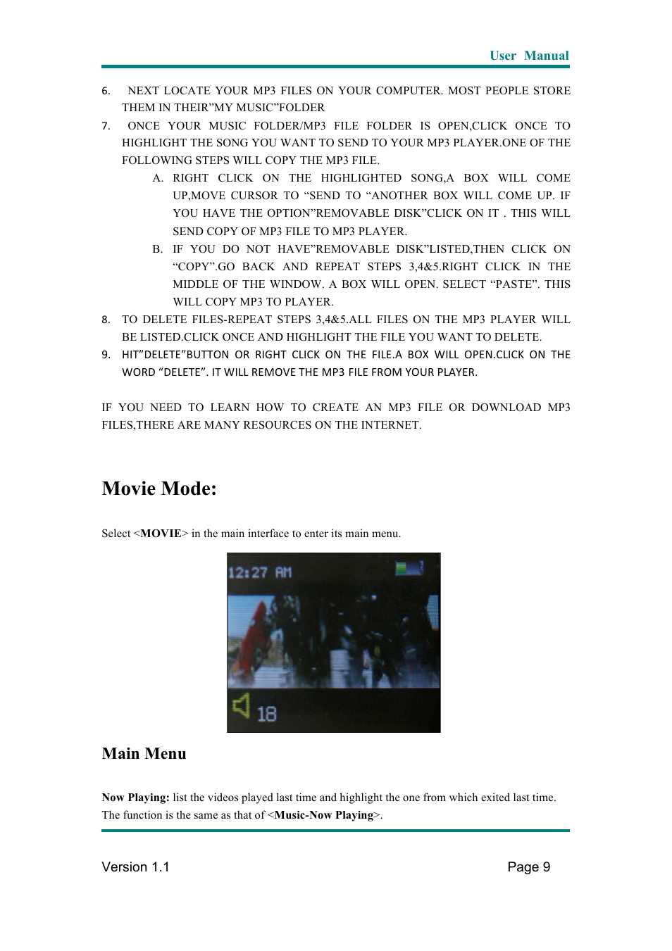 Movie mode, Main menu | Naxa NMV-169 User Manual | Page 10 / 28