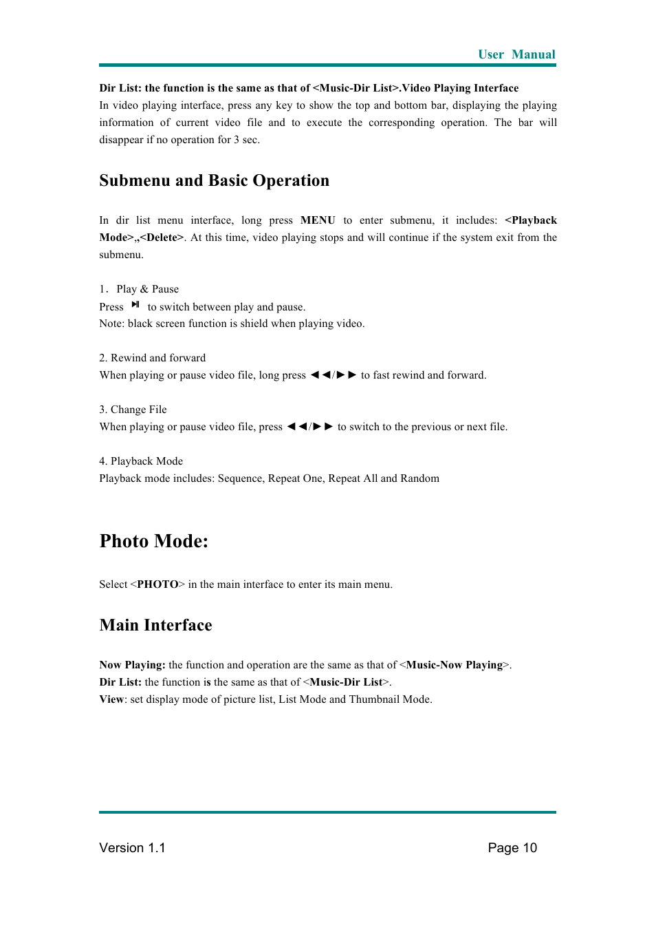 Photo mode, Submenu and basic operation, Main interface | Naxa NMV-169 User Manual | Page 11 / 28