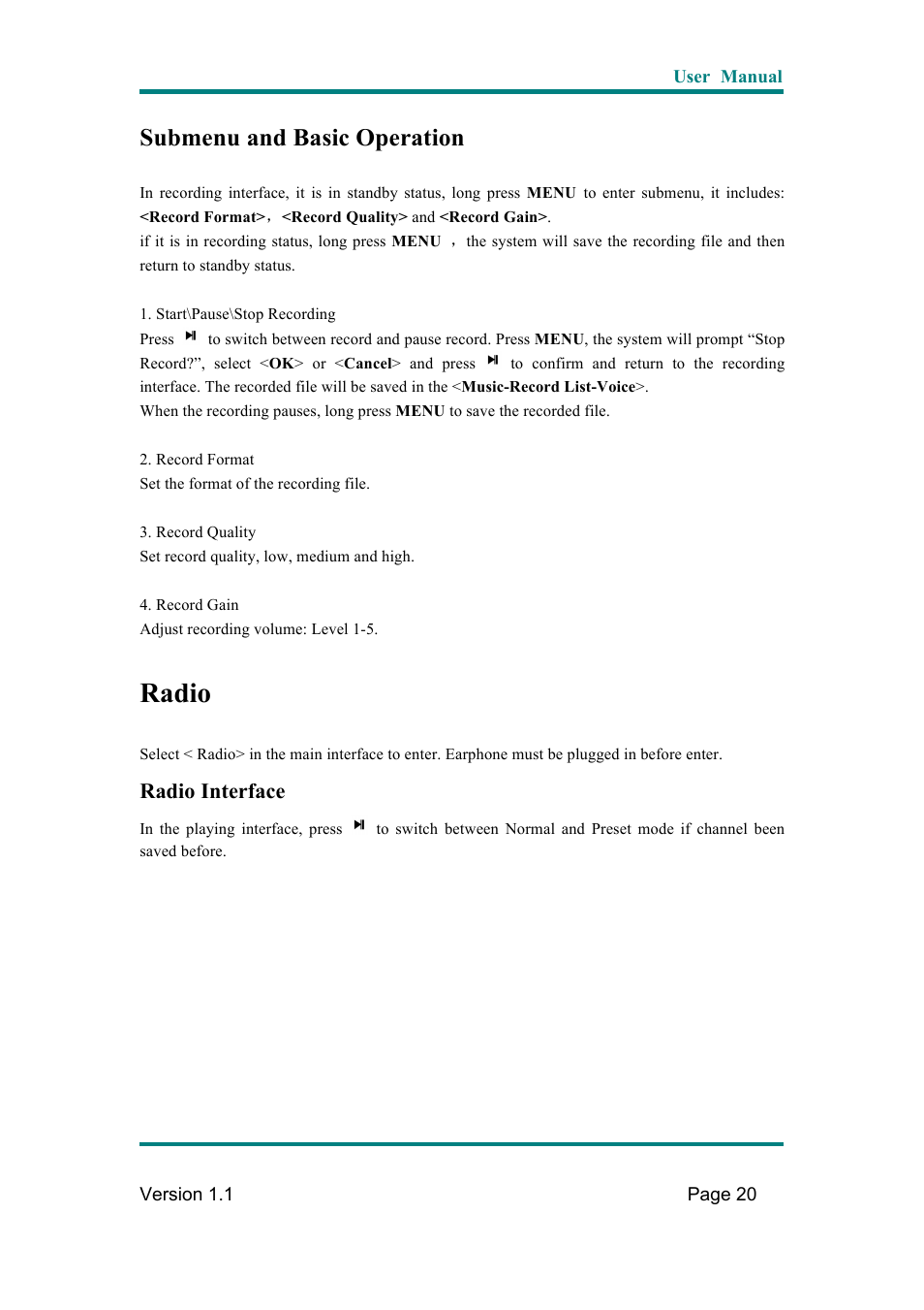 Radio, Submenu and basic operation, Radio interface | Naxa NMV-169 User Manual | Page 21 / 28