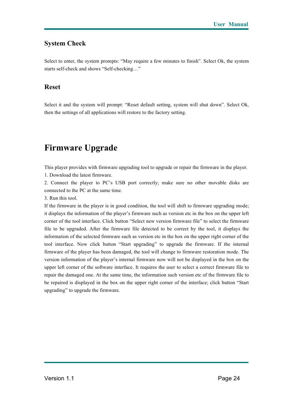 Firmware upgrade, System check, Reset | Naxa NMV-169 User Manual | Page 25 / 28