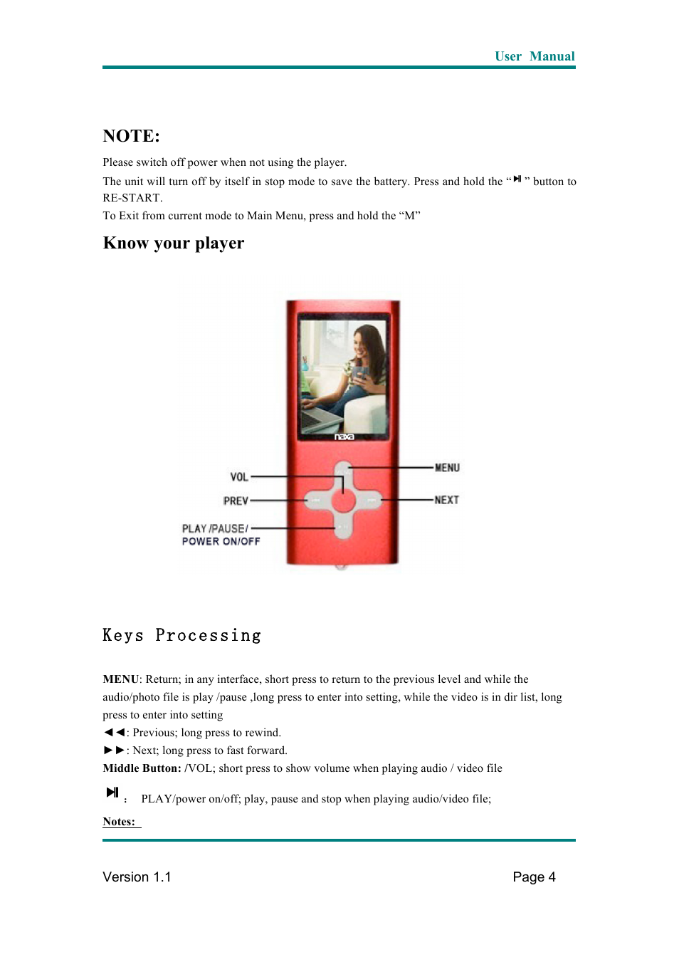 Know your player, Keys processing | Naxa NMV-169 User Manual | Page 5 / 28