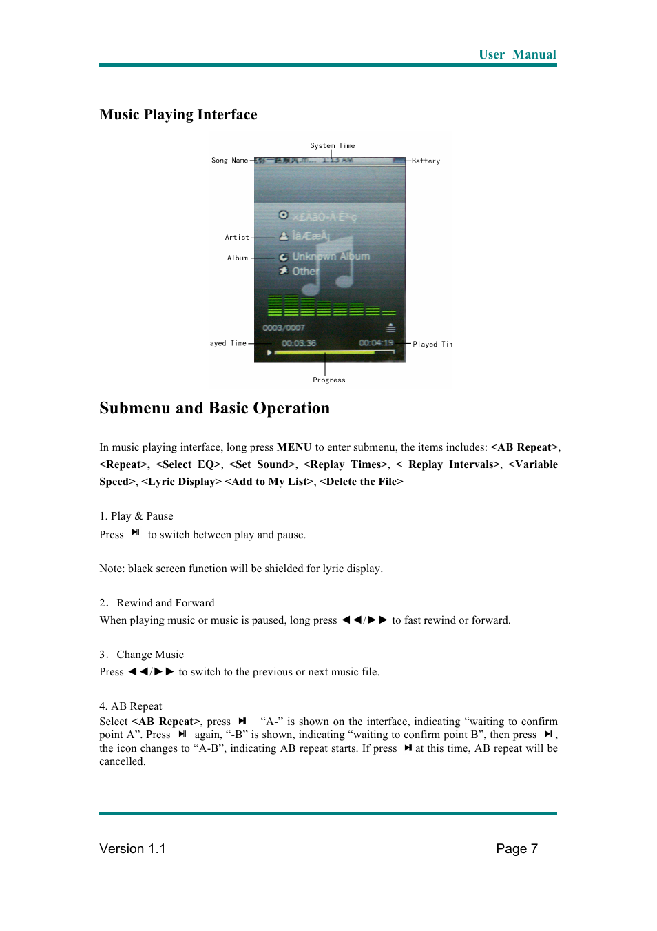 Submenu and basic operation, Music playing interface | Naxa NMV-169 User Manual | Page 8 / 28