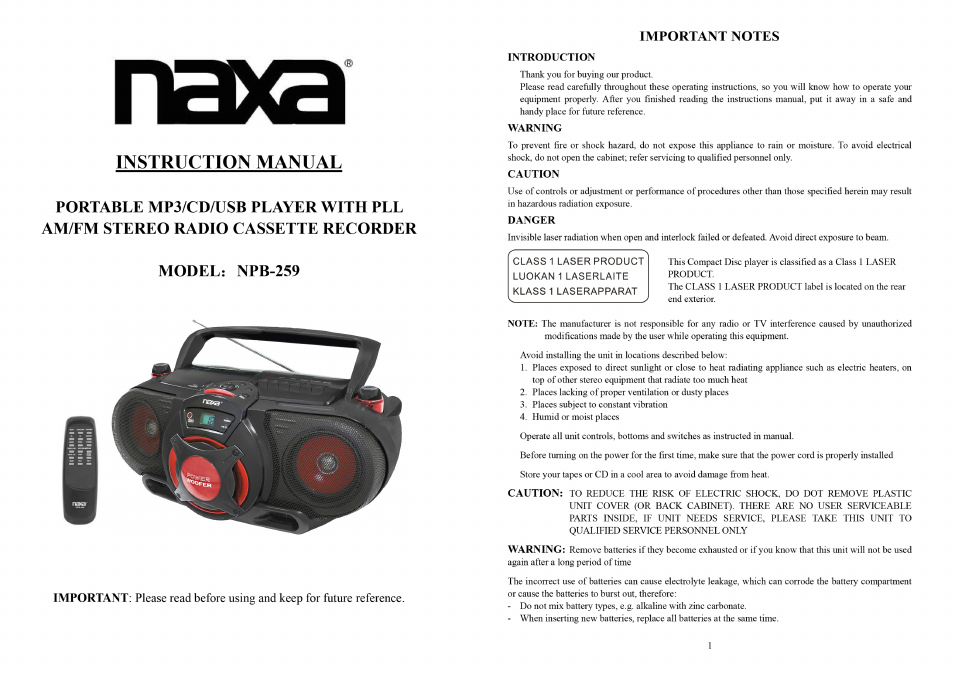 Naxa NPB-259 User Manual | 5 pages