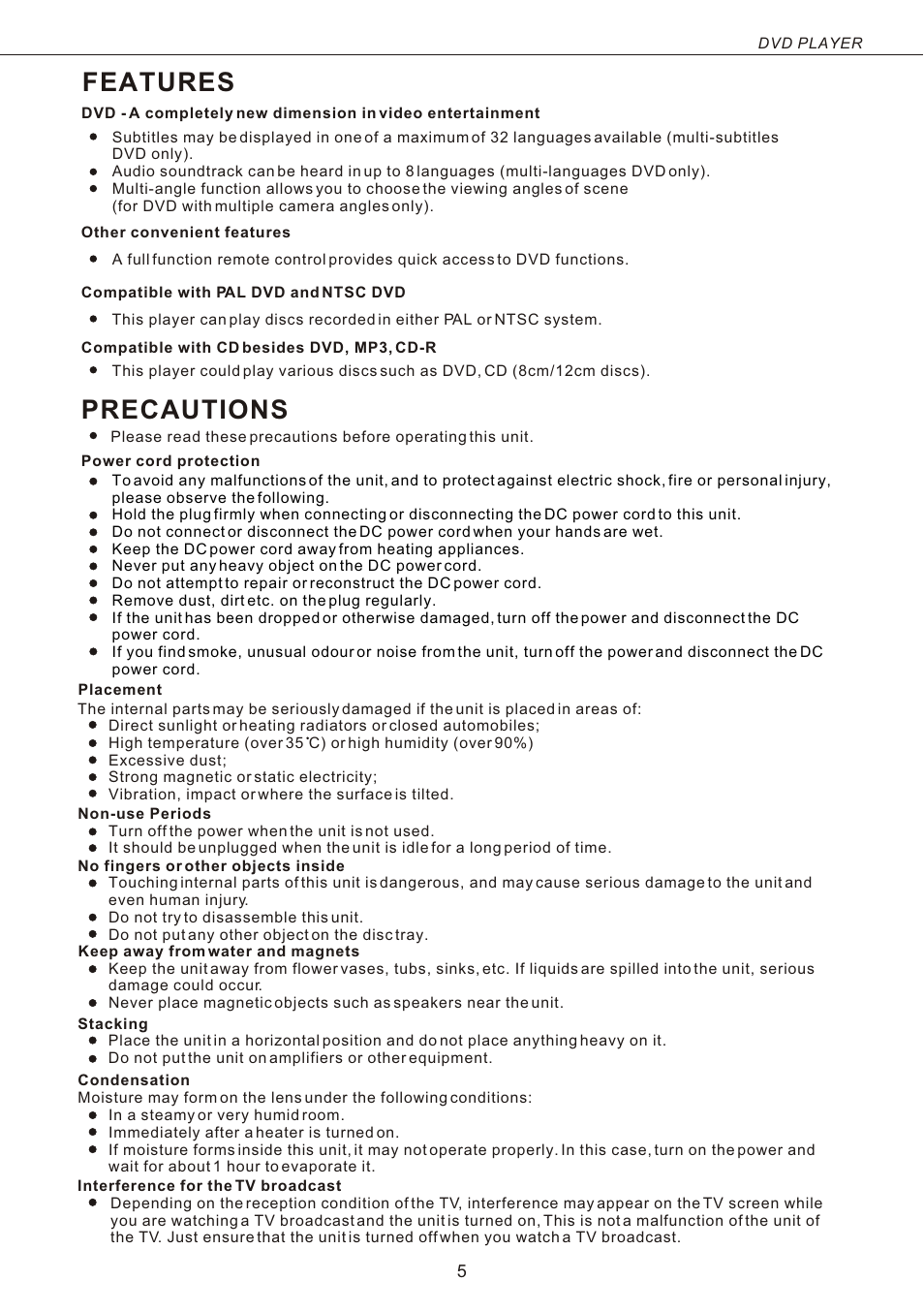 Т³гж 6, Features, Precautions | Naxa ND-842 User Manual | Page 6 / 20