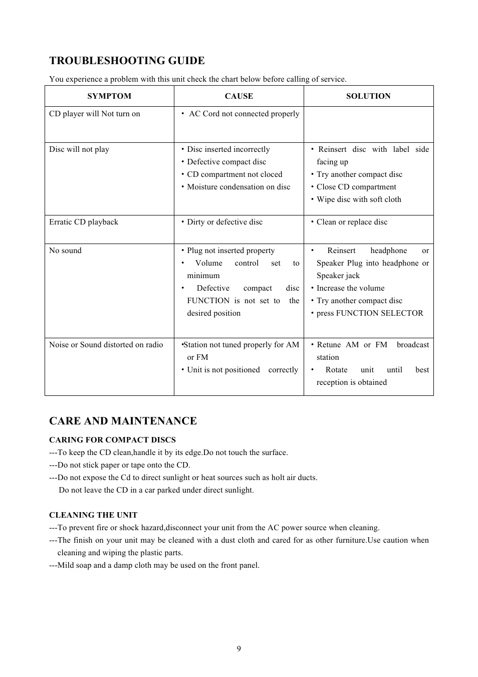 Troubleshooting guide, Care and maintenance | Naxa NS-438 User Manual | Page 9 / 9