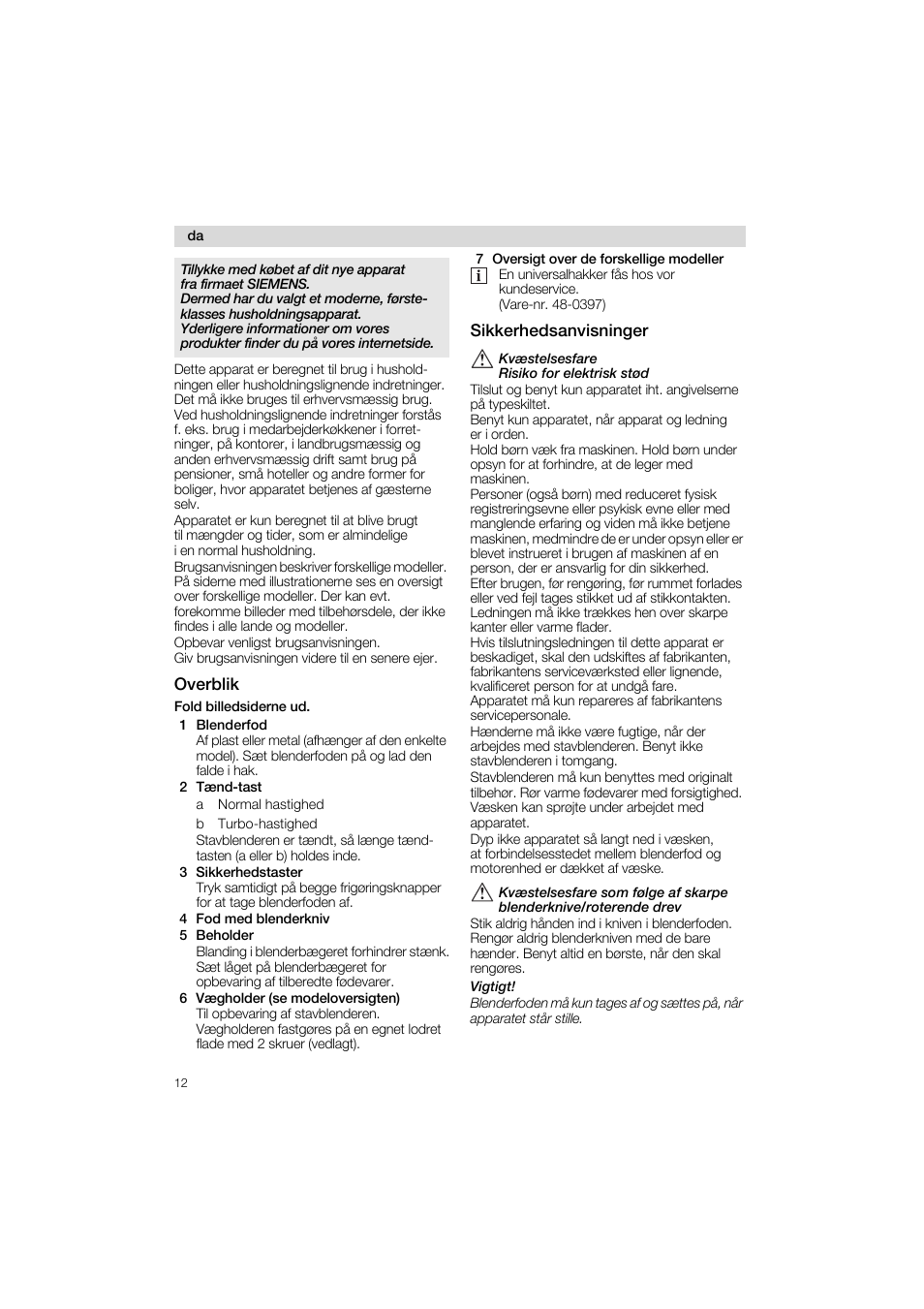 Overblik, Sikkerhedsanvisninger | Siemens MQ 5 N 162 User Manual | Page 12 / 51