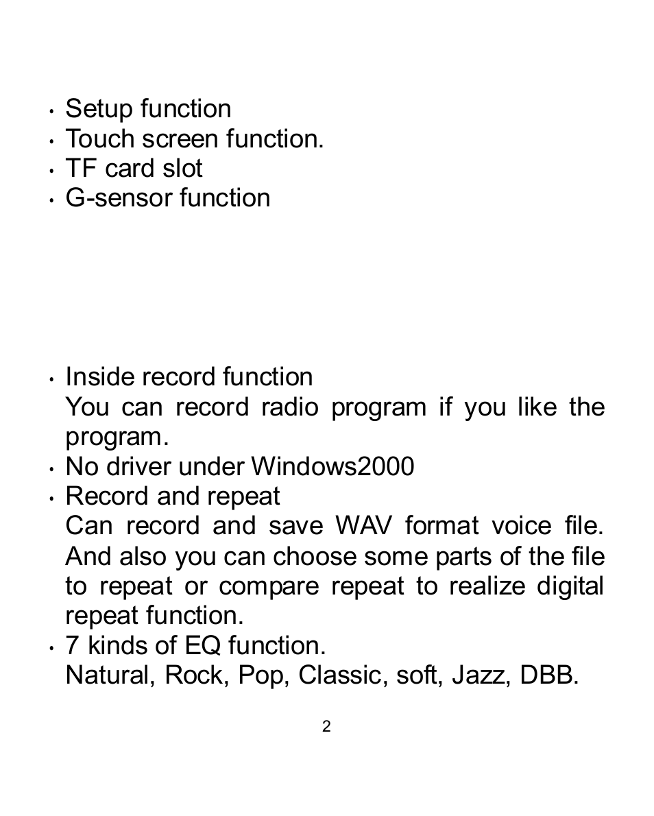 Setup function, Touch screen function, Tf card slot | G-sensor function, No driver under windows2000 | Naxa NM-145 User Manual | Page 3 / 18