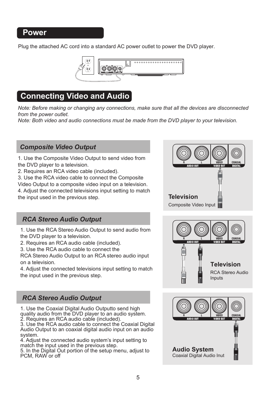 Connecting video and audio, Power | Naxa ND-856 User Manual | Page 6 / 9