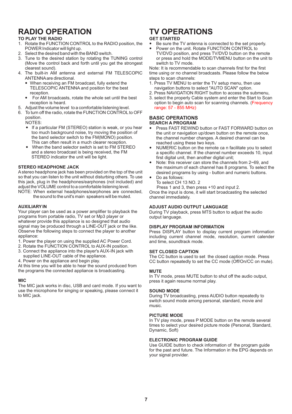 Radio operation, Tv operations | Naxa NDL-254 User Manual | Page 8 / 10