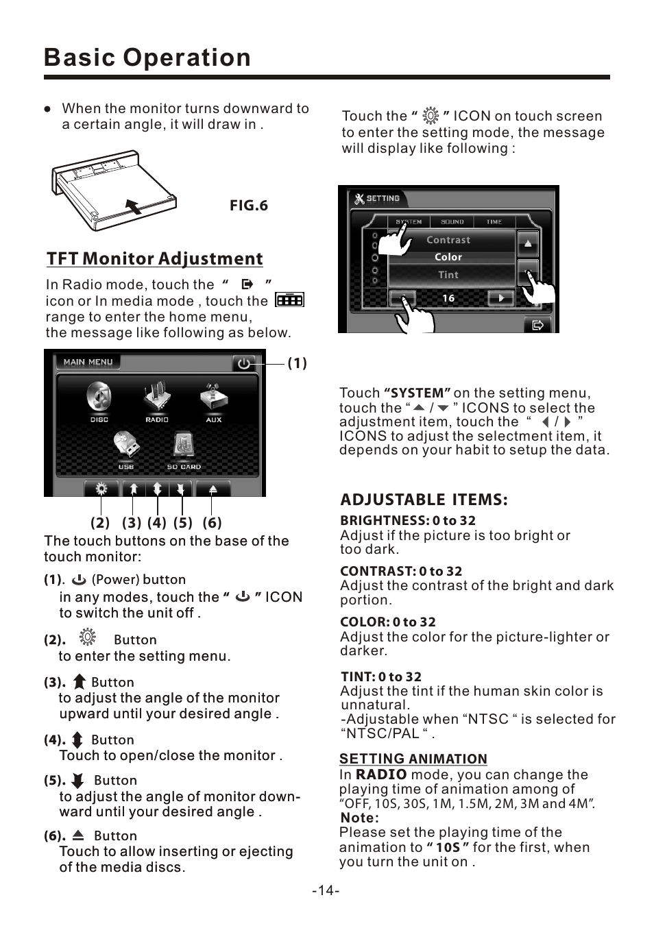 页 16, Basic operation, Tft monitor adjustment | Adjustable items | Naxa NCD-707 User Manual | Page 16 / 39