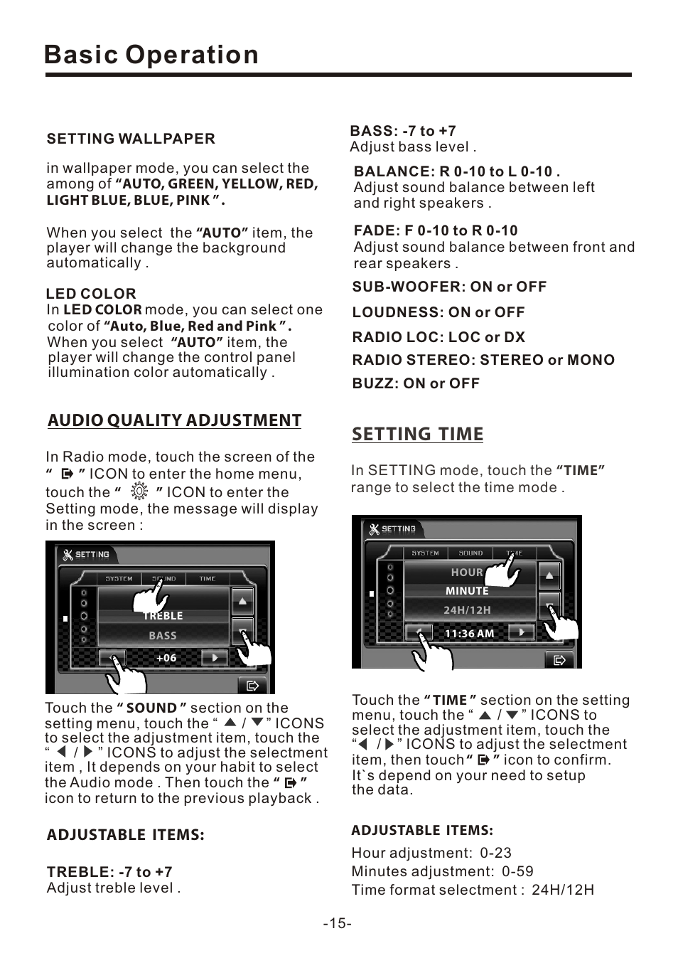 页 17, Basic operation, Setting time | Audio quality adjustment | Naxa NCD-707 User Manual | Page 17 / 39