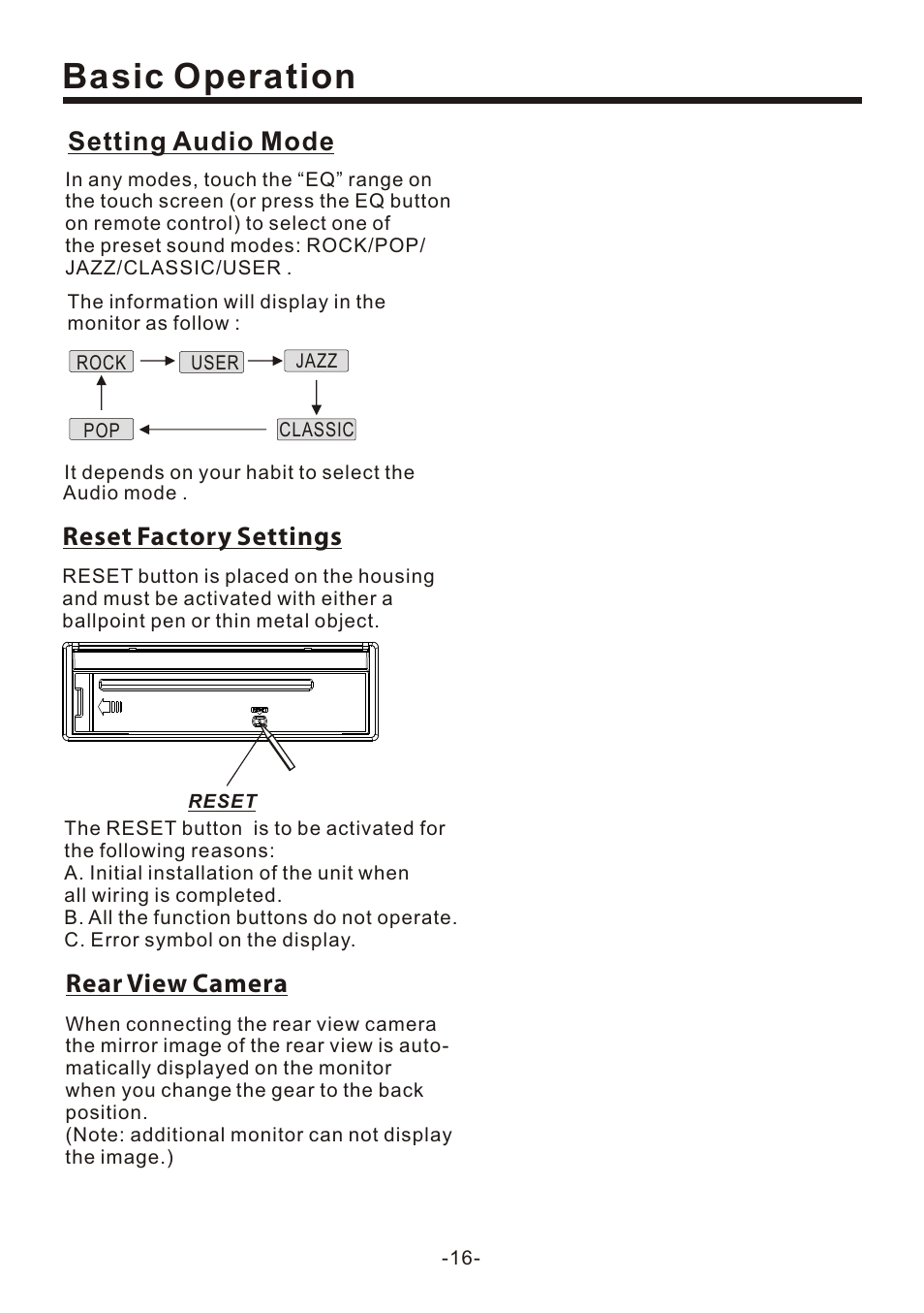 页 18, Basic operation, Reset factory settings | Rear view camera, Setting audio mode | Naxa NCD-707 User Manual | Page 18 / 39