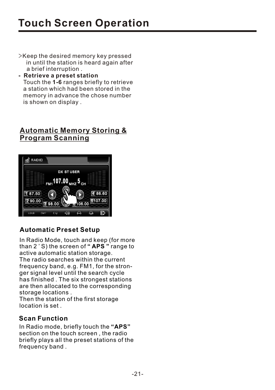 页 23, Touch screen operation, Automatic preset setup scan function | Naxa NCD-707 User Manual | Page 23 / 39