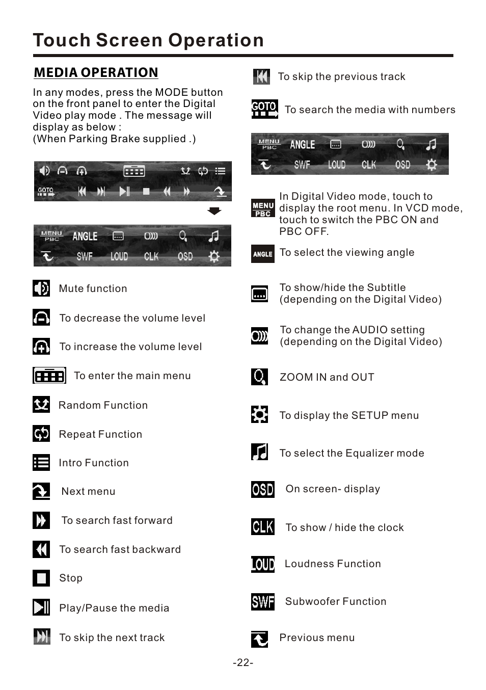 页 24, Touch screen operation, Media operation | Naxa NCD-707 User Manual | Page 24 / 39
