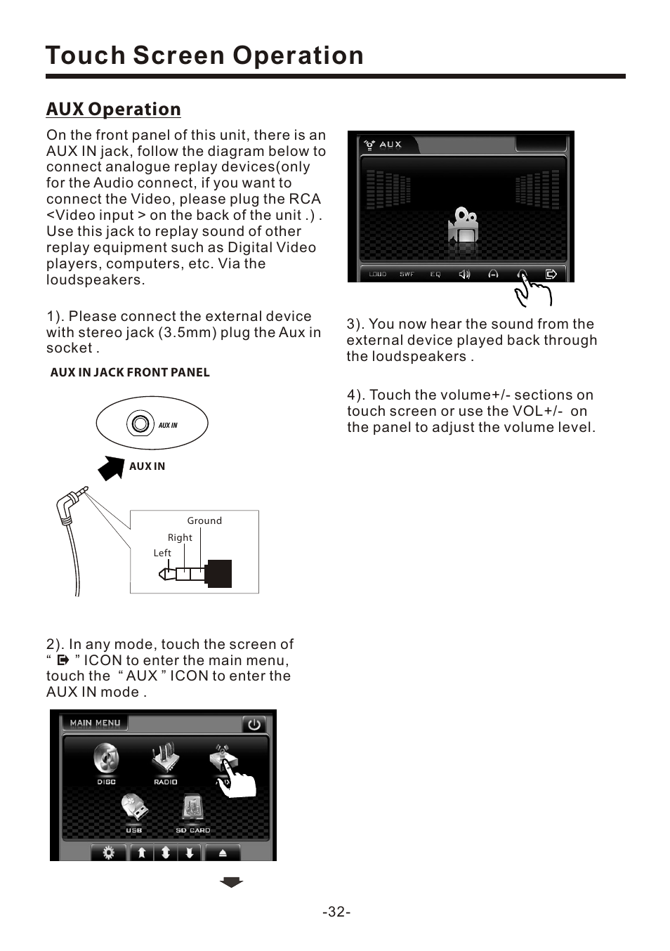页 34, Touch screen operation, Aux operation | Naxa NCD-707 User Manual | Page 34 / 39