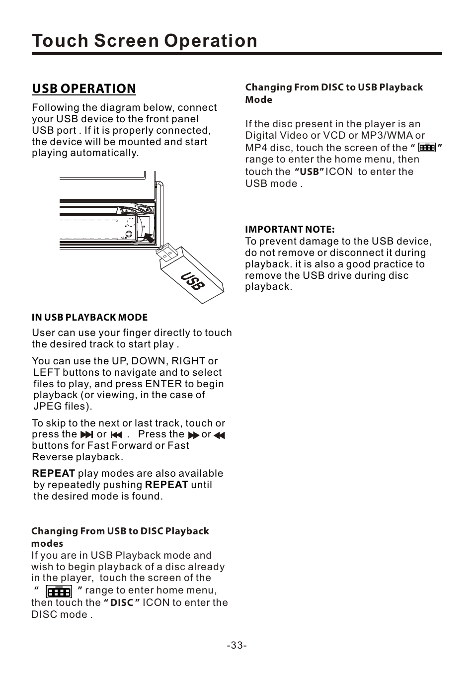 页 35, Touch screen operation, Usb operation | Naxa NCD-707 User Manual | Page 35 / 39