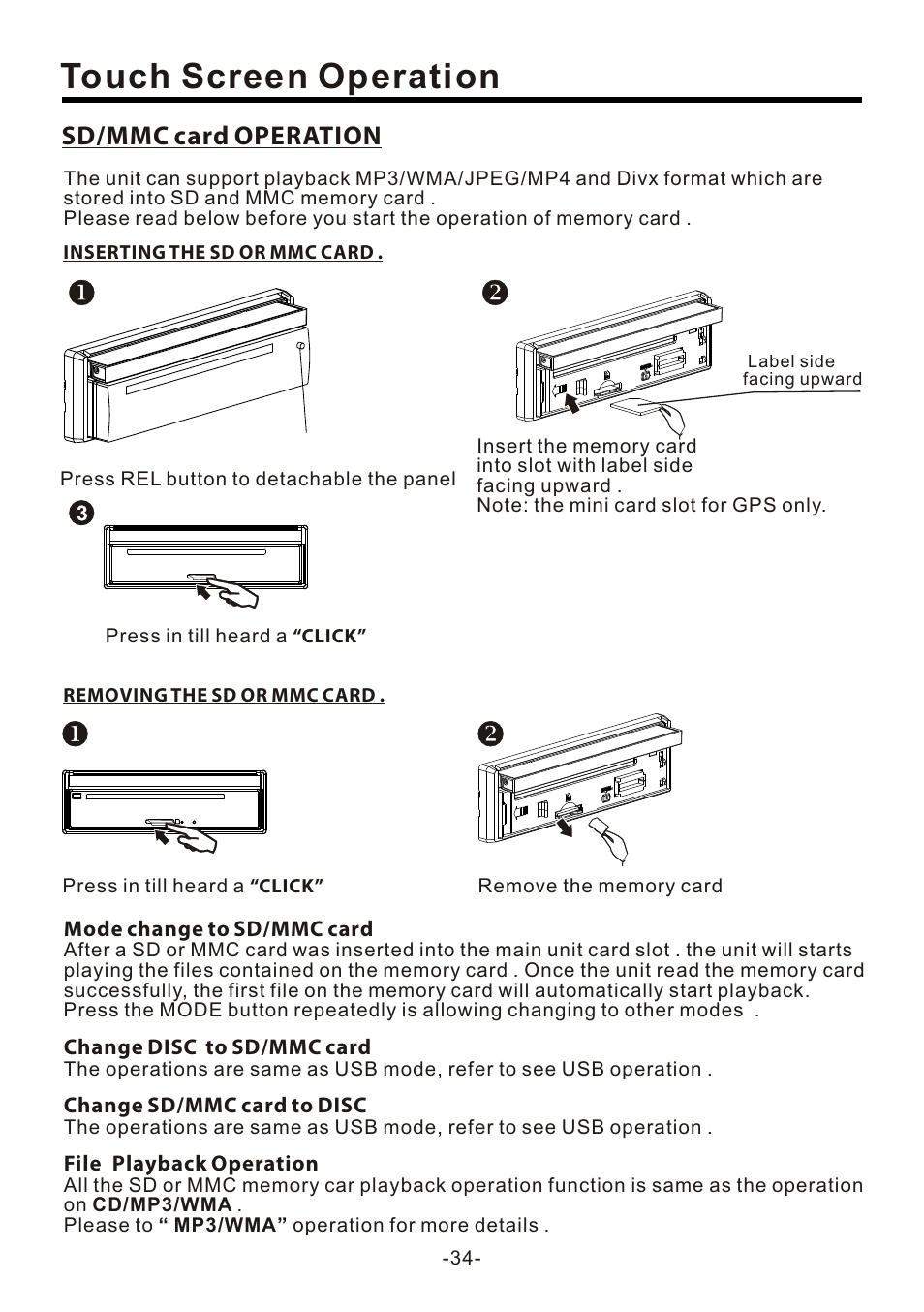 页 36, Touch screen operation, Sd/mmc card operation | Naxa NCD-707 User Manual | Page 36 / 39