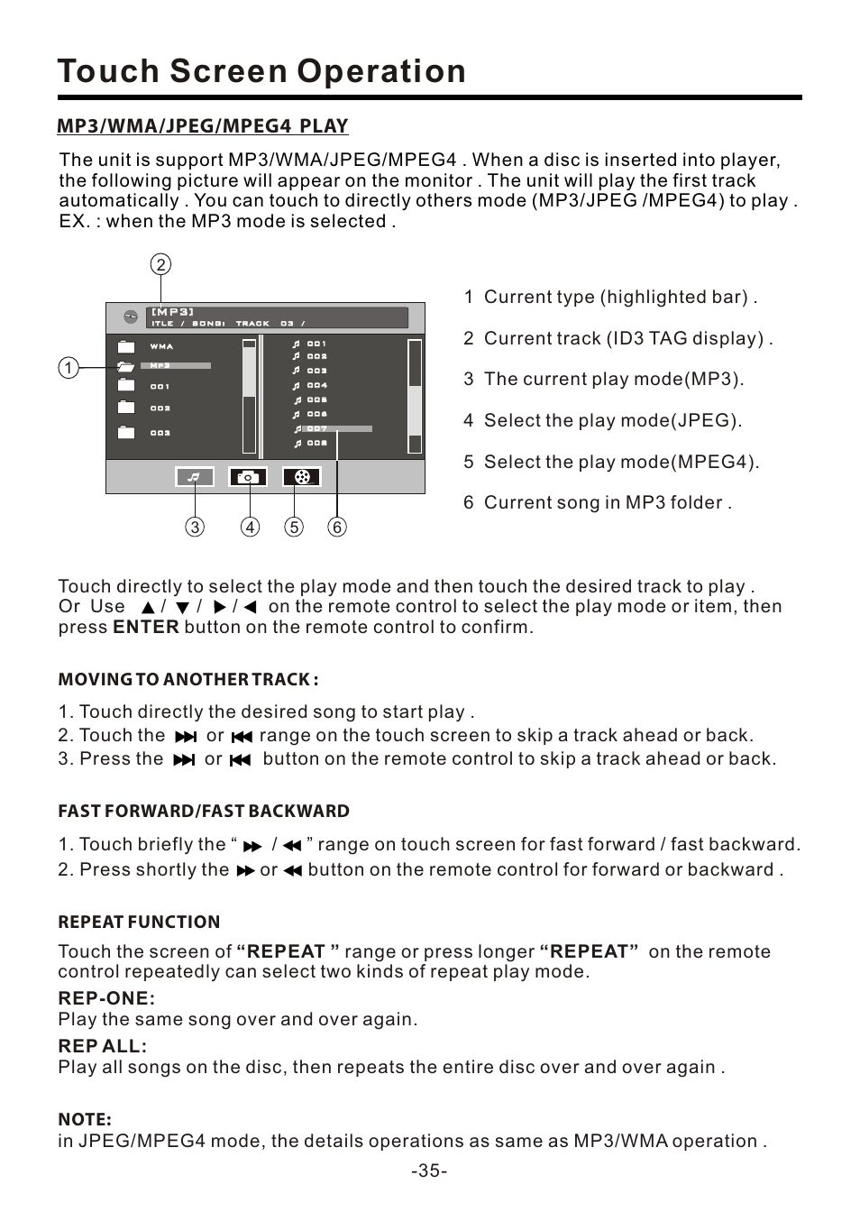 页 37, Touch screen operation, Mp3/wma/jpeg/mpeg4 play | Naxa NCD-707 User Manual | Page 37 / 39