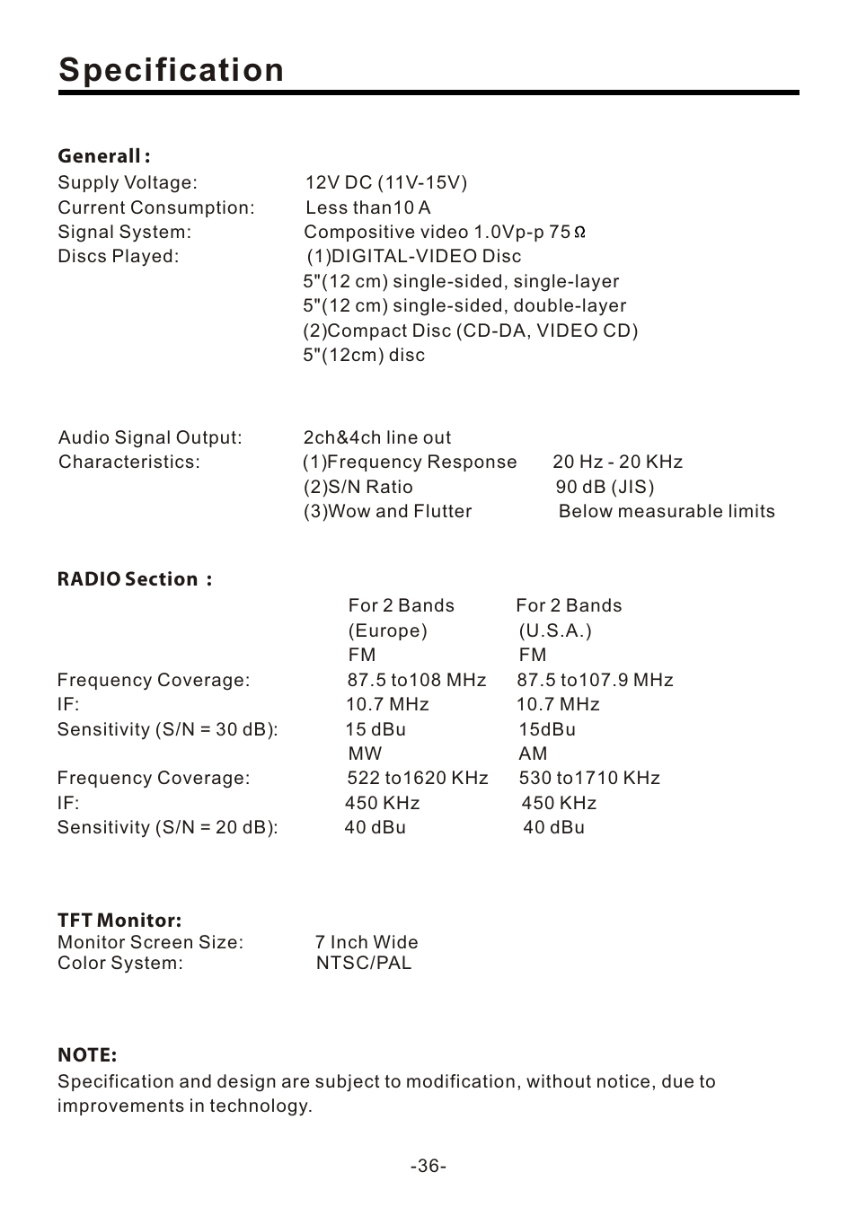 页 38, Specification | Naxa NCD-707 User Manual | Page 38 / 39