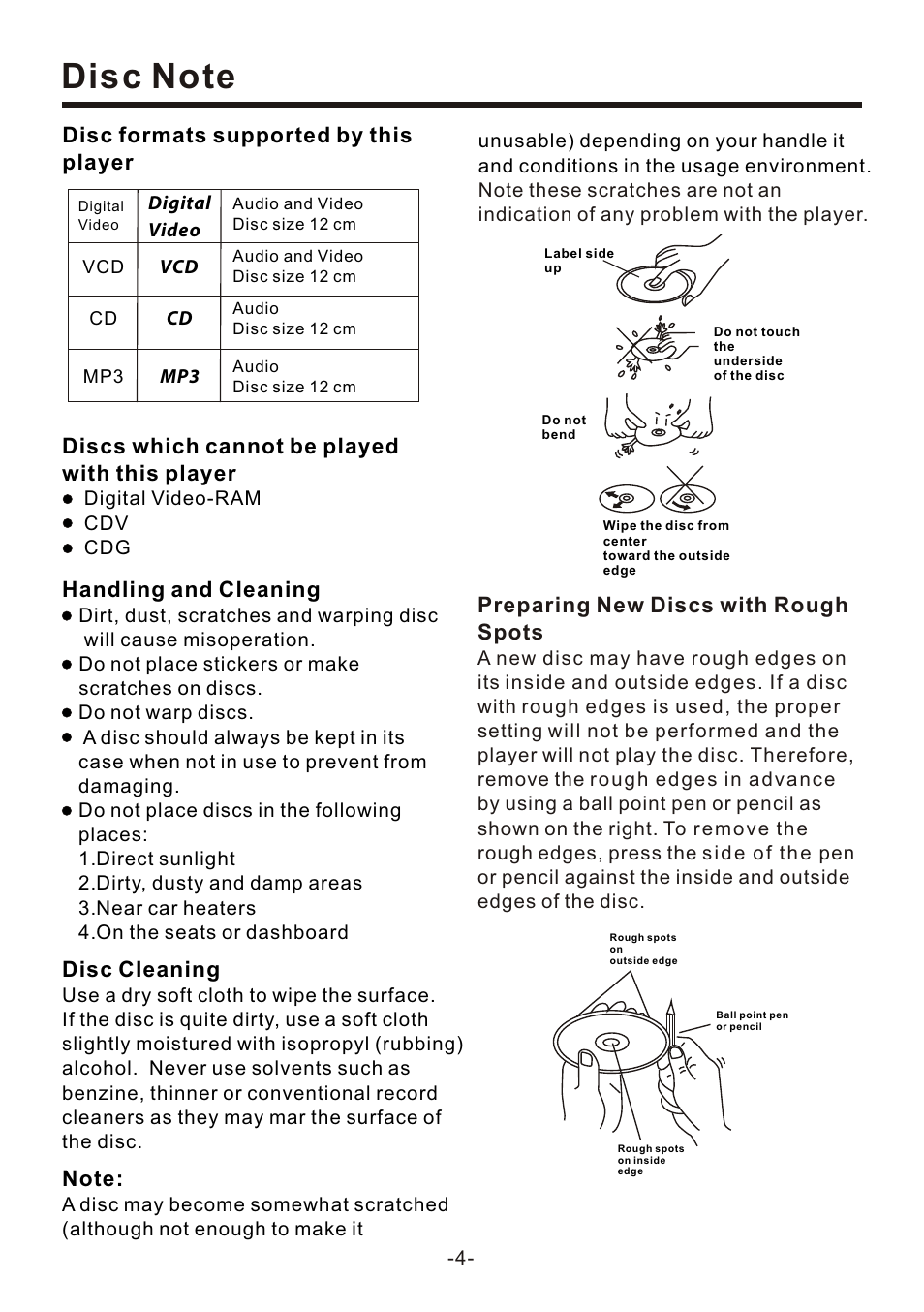Preparing new discs with rough spots, Disc cleaning, Handling and cleaning | Discs which cannot be played with this player, Disc formats supported by this player | Naxa NCD-707 User Manual | Page 6 / 39