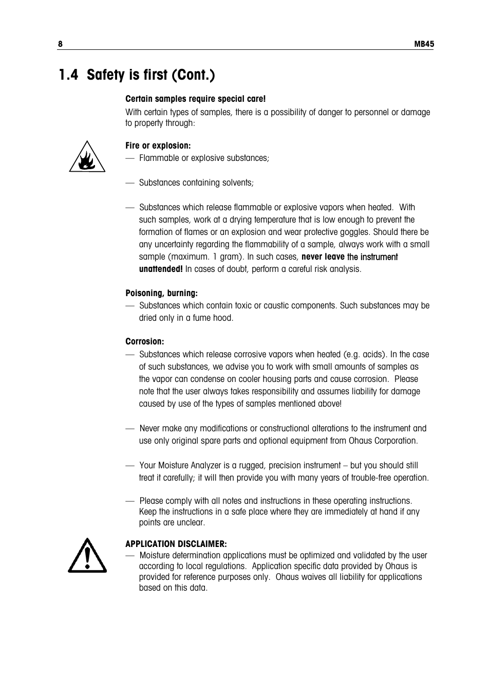 4 safety is first (cont.) | Ohaus MB45 MOISTURE ANALYZER Manual User Manual | Page 10 / 70