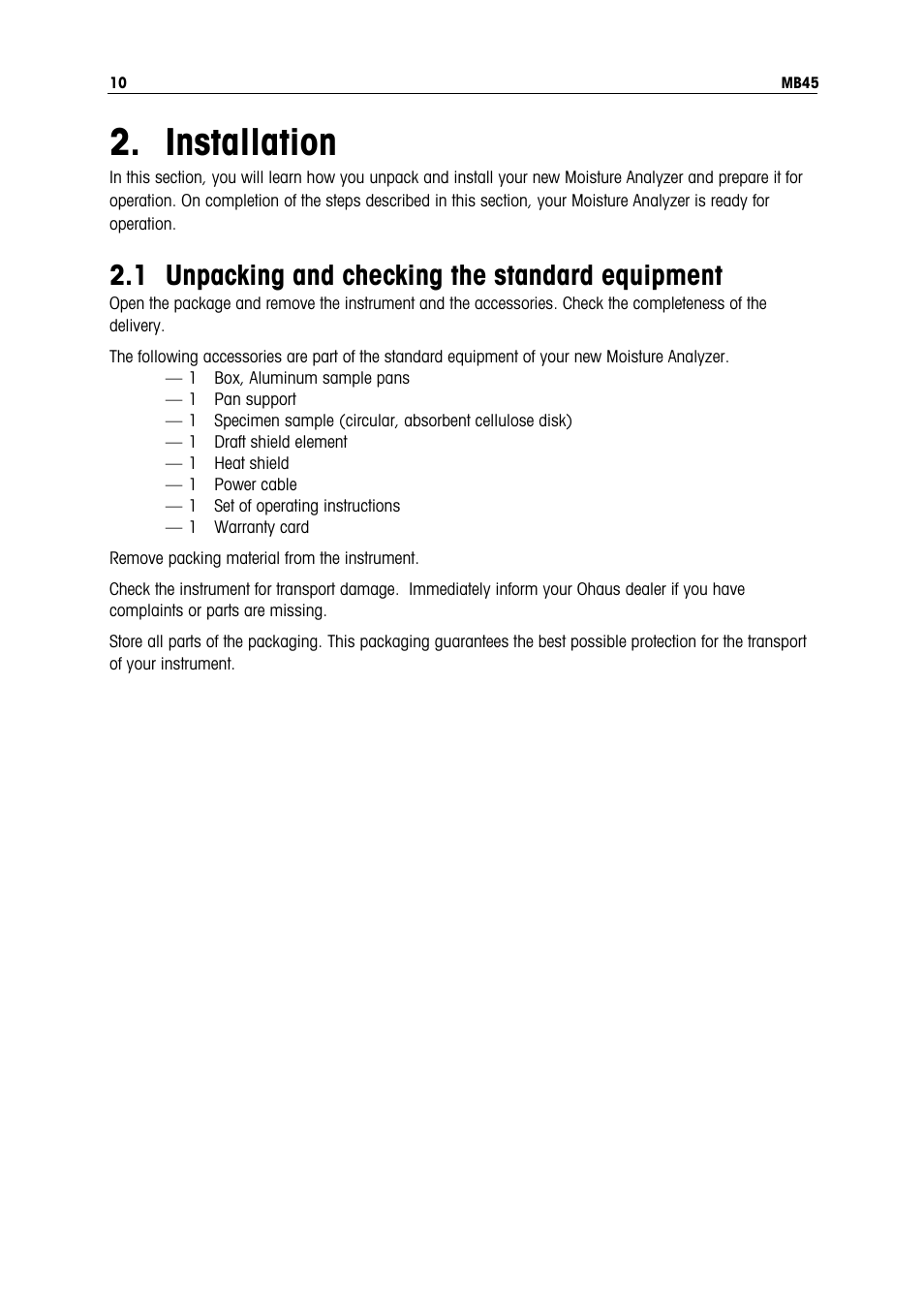 Installation, 1 unpacking and checking the standard equipment | Ohaus MB45 MOISTURE ANALYZER Manual User Manual | Page 12 / 70