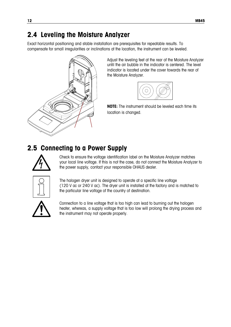 4 leveling the moisture analyzer, 5 connecting to a power supply | Ohaus MB45 MOISTURE ANALYZER Manual User Manual | Page 14 / 70
