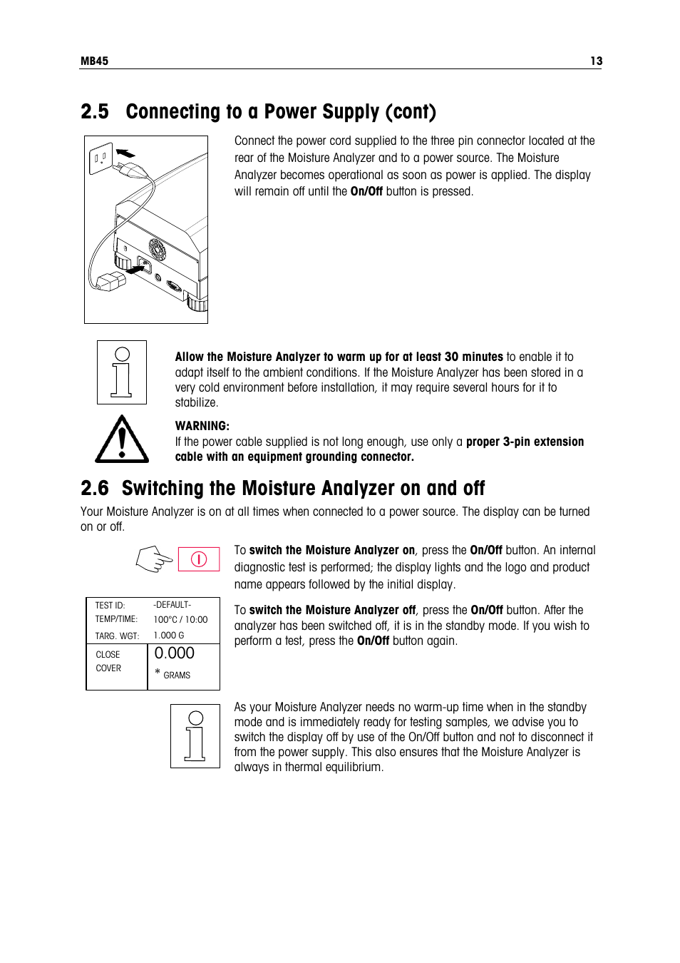 5 connecting to a power supply (cont), 6 switching the moisture analyzer on and off | Ohaus MB45 MOISTURE ANALYZER Manual User Manual | Page 15 / 70