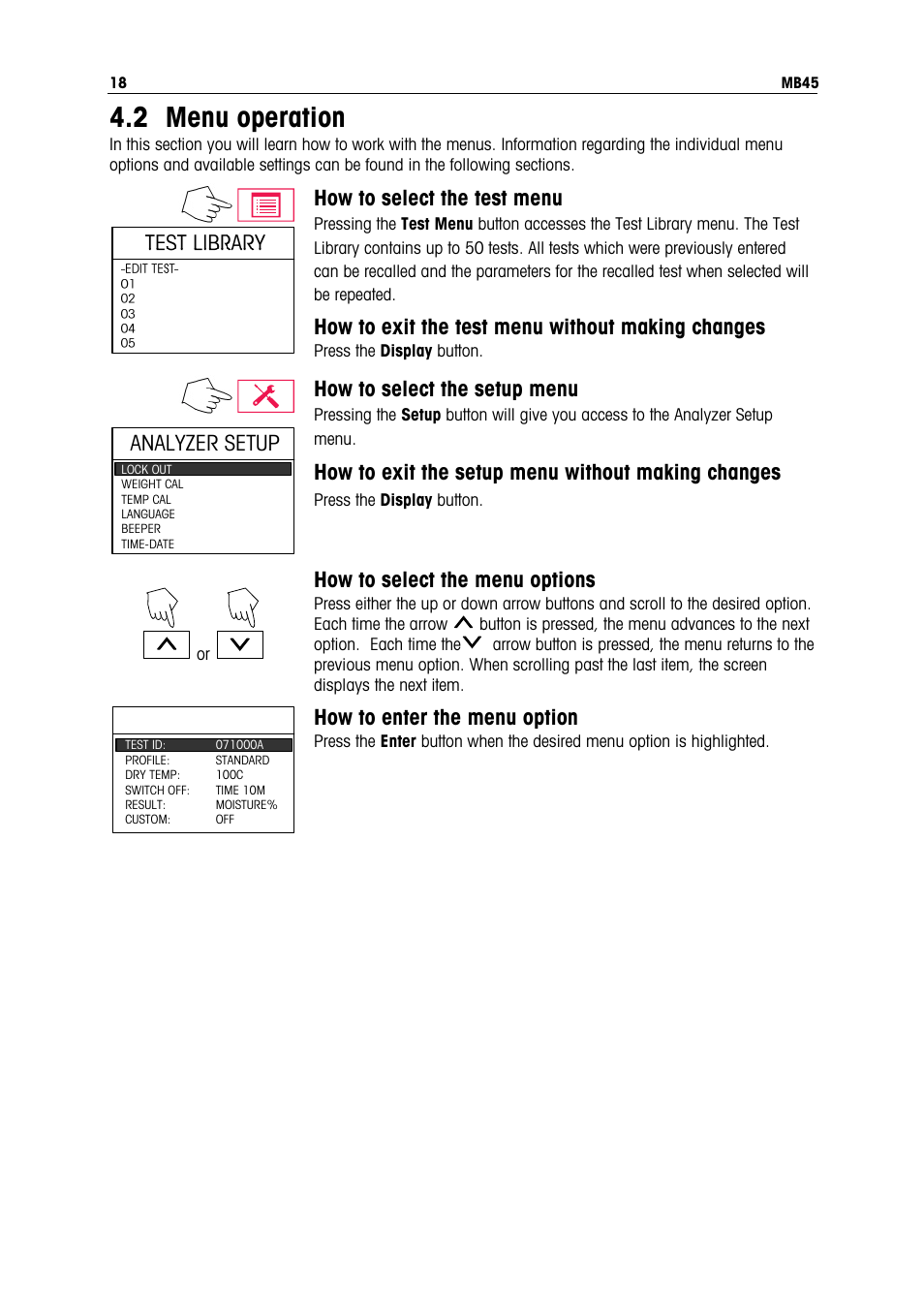 2 menu operation, How to select the test menu, How to exit the test menu without making changes | Analyzer setup, How to select the setup menu, How to exit the setup menu without making changes, How to select the menu options, How to enter the menu option | Ohaus MB45 MOISTURE ANALYZER Manual User Manual | Page 20 / 70