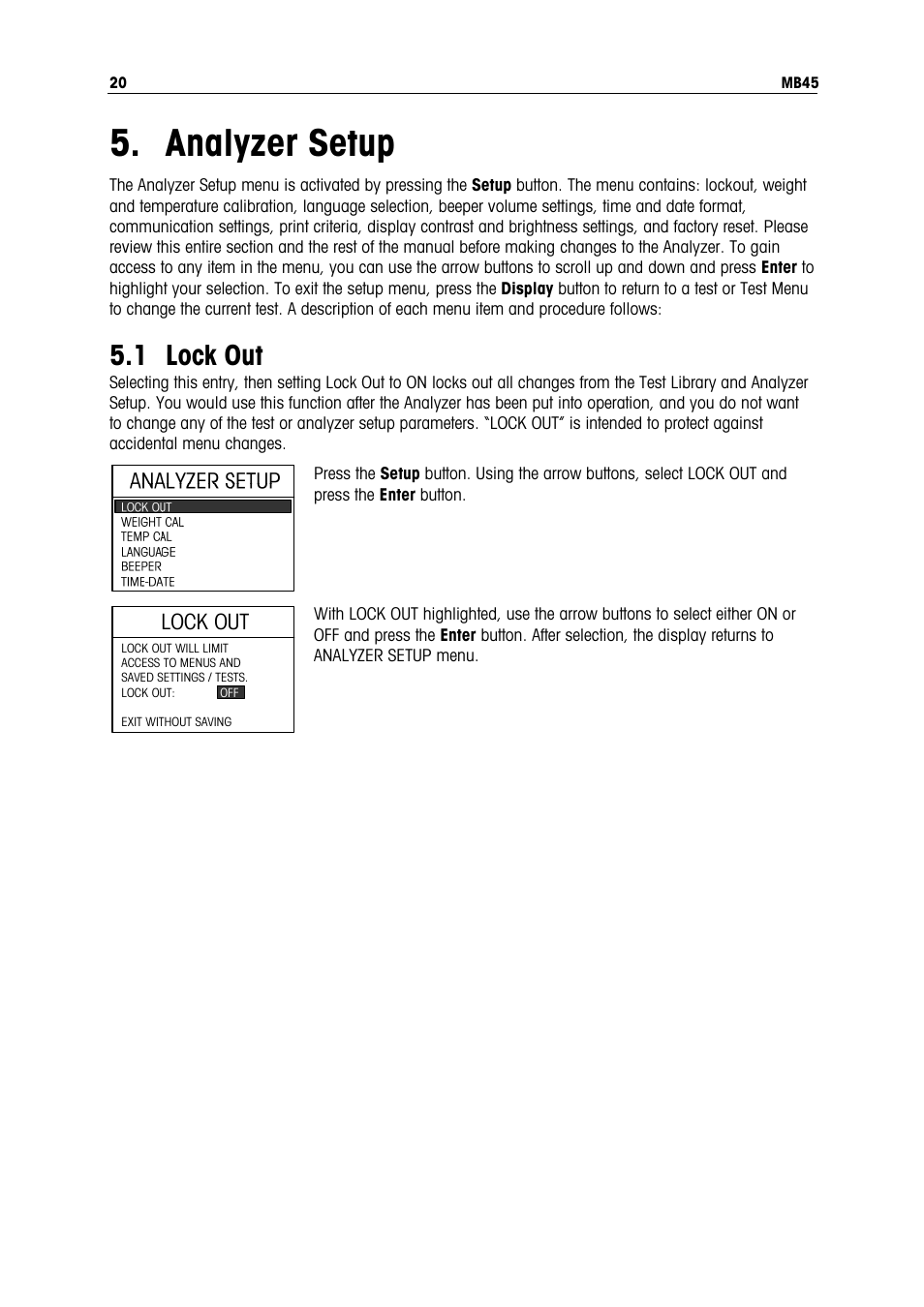 Analyzer setup, 1 lock out | Ohaus MB45 MOISTURE ANALYZER Manual User Manual | Page 22 / 70