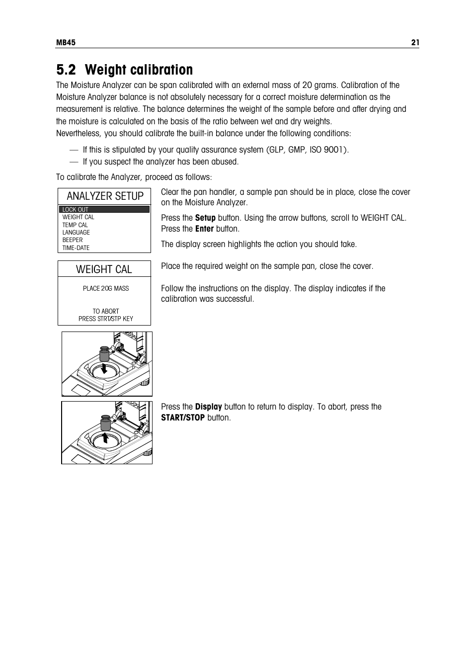 2 weight calibration | Ohaus MB45 MOISTURE ANALYZER Manual User Manual | Page 23 / 70