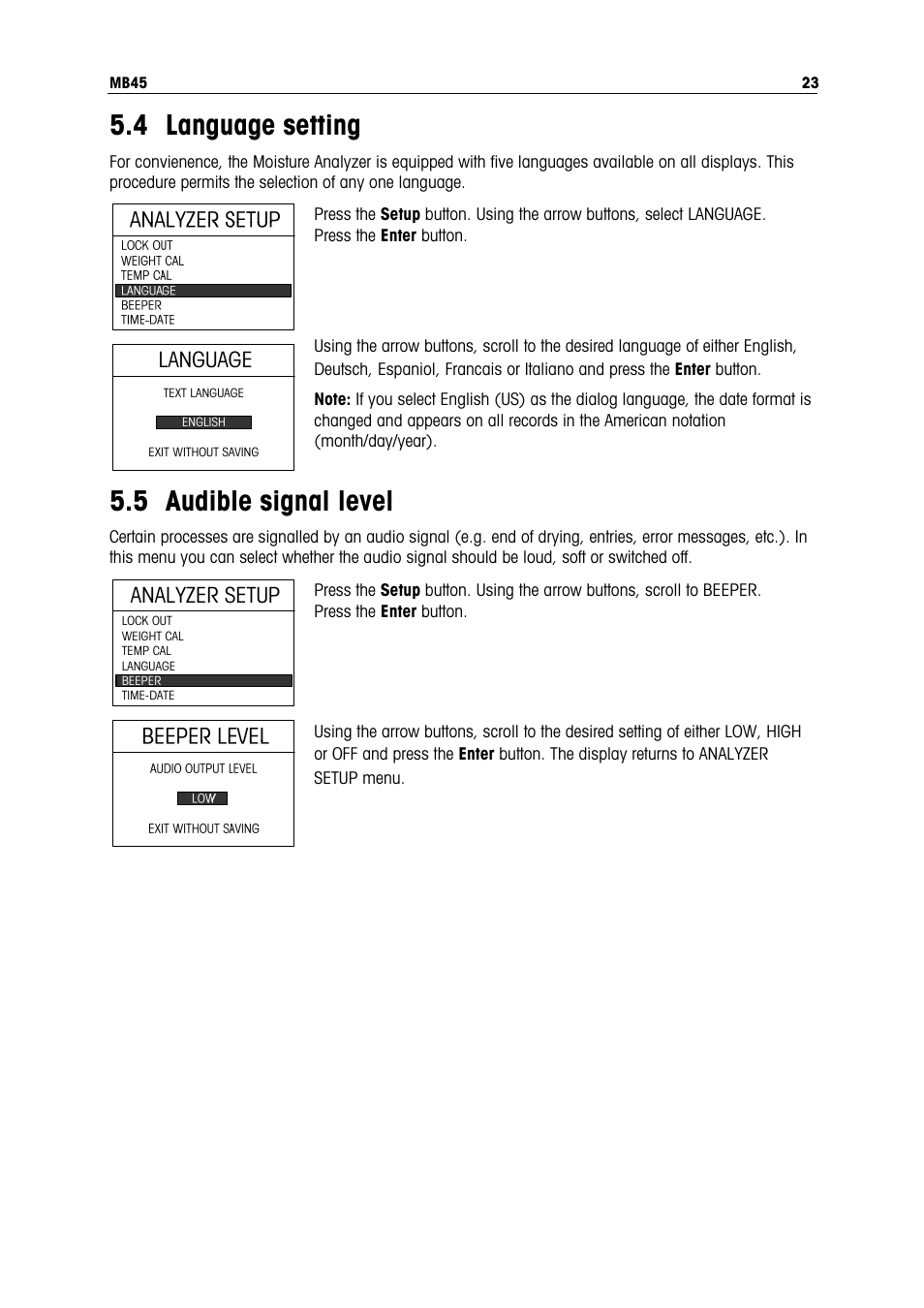 4 language setting, 5 audible signal level, Language | Analyzer setup | Ohaus MB45 MOISTURE ANALYZER Manual User Manual | Page 25 / 70