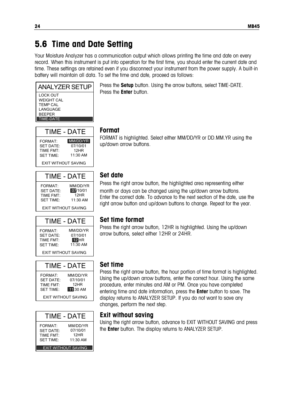 6 time and date setting, Time - date, Format | Set date, Set time format, Set time, Exit without saving, Analyzer setup | Ohaus MB45 MOISTURE ANALYZER Manual User Manual | Page 26 / 70