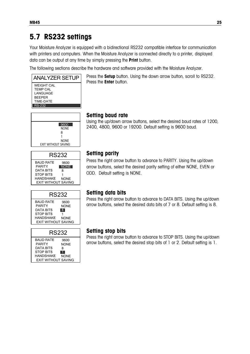 7 rs232 settings, Rs232, Setting baud rate | Setting parity, Setting data bits, Setting stop bits | Ohaus MB45 MOISTURE ANALYZER Manual User Manual | Page 27 / 70