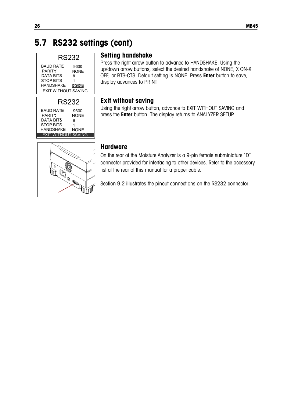 Rs232 settings (cont), Rs232, Setting handshake | Exit without saving, Hardware | Ohaus MB45 MOISTURE ANALYZER Manual User Manual | Page 28 / 70