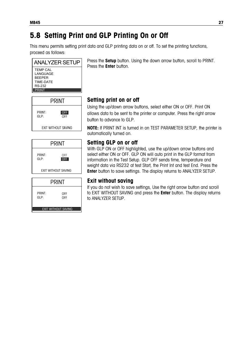 8 setting print and glp printing on or off, Setting print on or off, Print | Setting glp on or off, Exit without saving | Ohaus MB45 MOISTURE ANALYZER Manual User Manual | Page 29 / 70