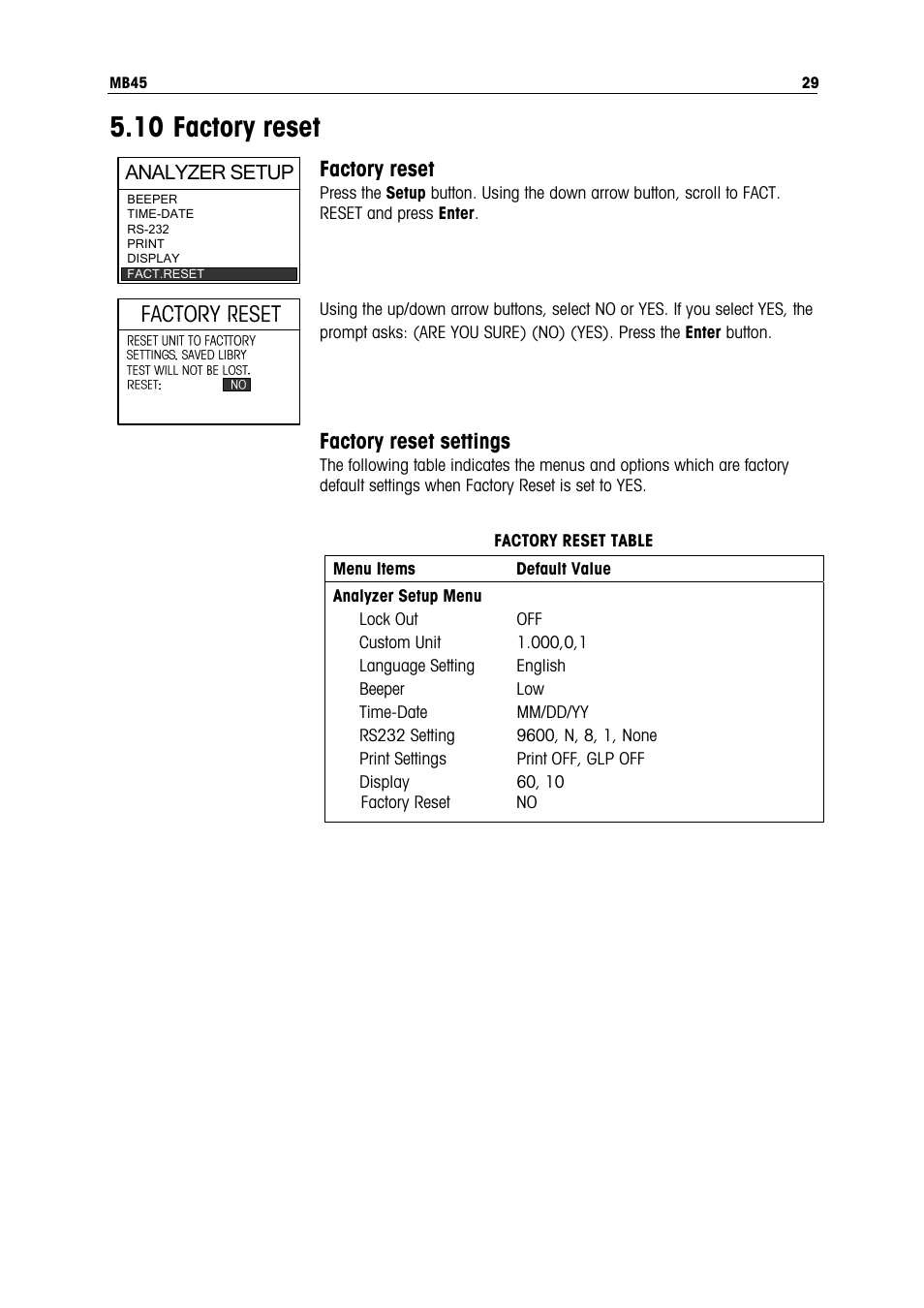 10 factory reset | Ohaus MB45 MOISTURE ANALYZER Manual User Manual | Page 31 / 70