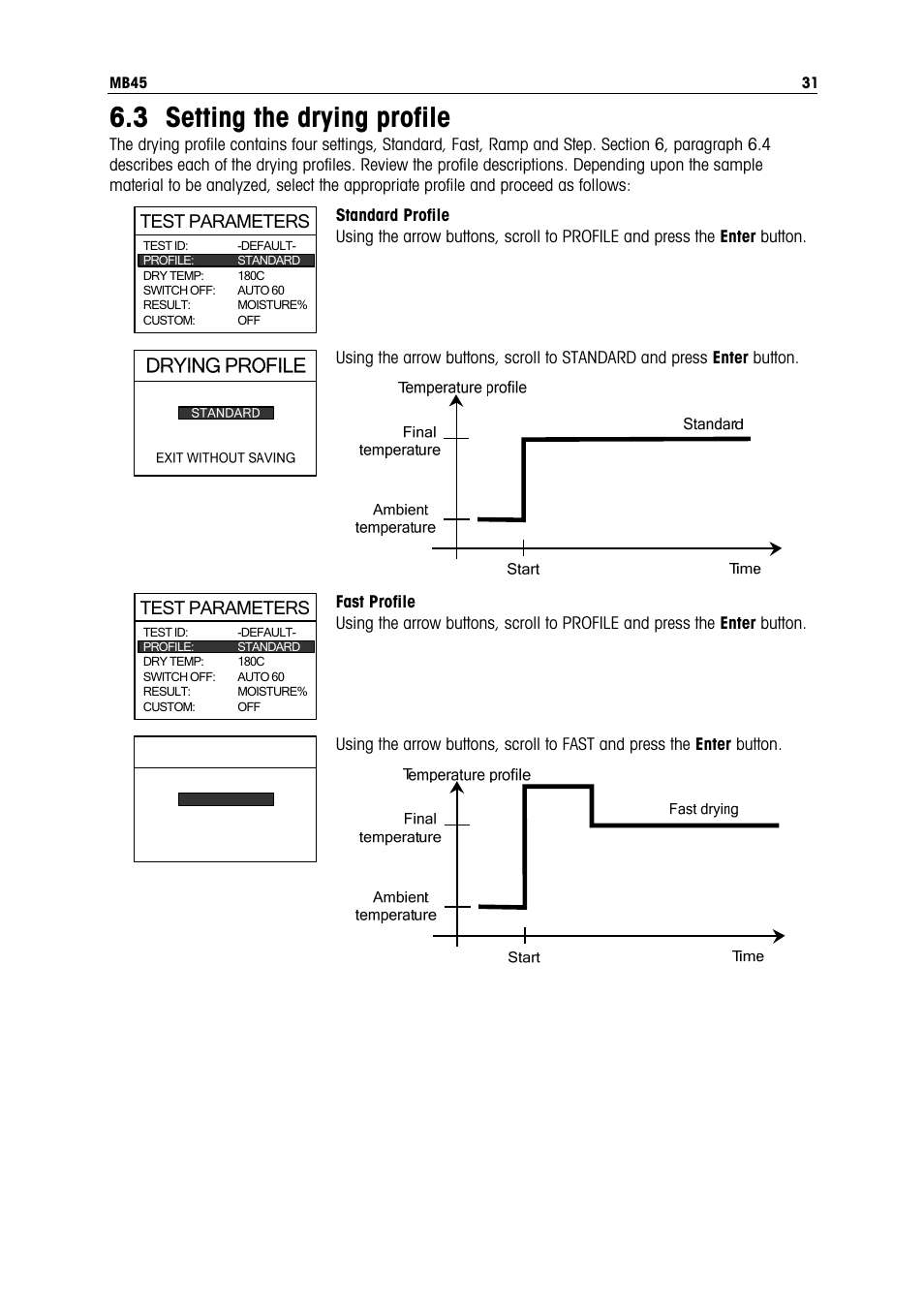 3 setting the drying profile, Drying profile, Test parameters | Ohaus MB45 MOISTURE ANALYZER Manual User Manual | Page 33 / 70