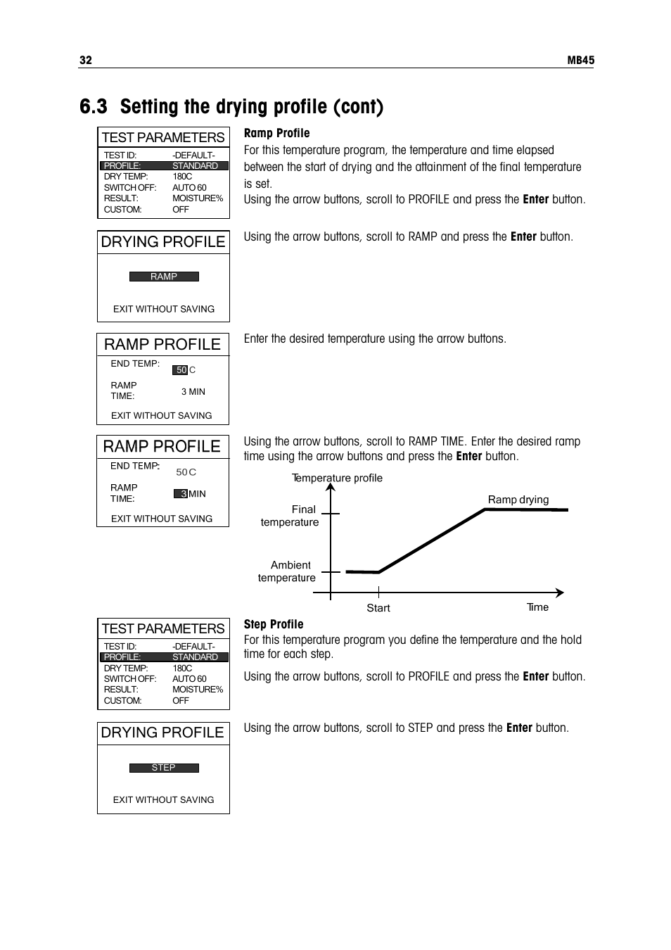 3 setting the drying profile (cont), Ramp profile, Drying profile | Test parameters | Ohaus MB45 MOISTURE ANALYZER Manual User Manual | Page 34 / 70