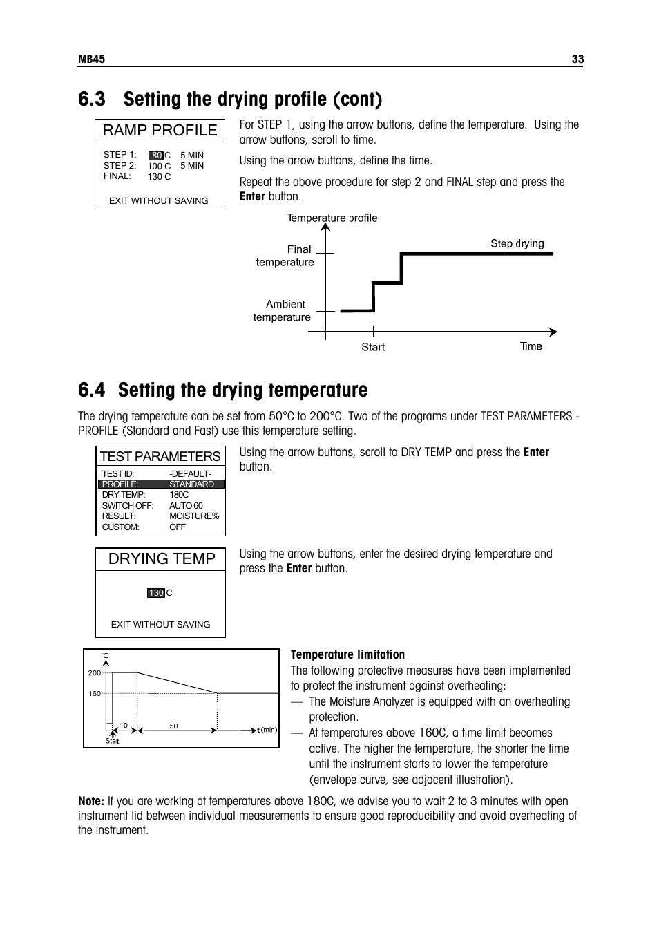3 setting the drying profile (cont), 4 setting the drying temperature, Ramp profile | Drying temp | Ohaus MB45 MOISTURE ANALYZER Manual User Manual | Page 35 / 70