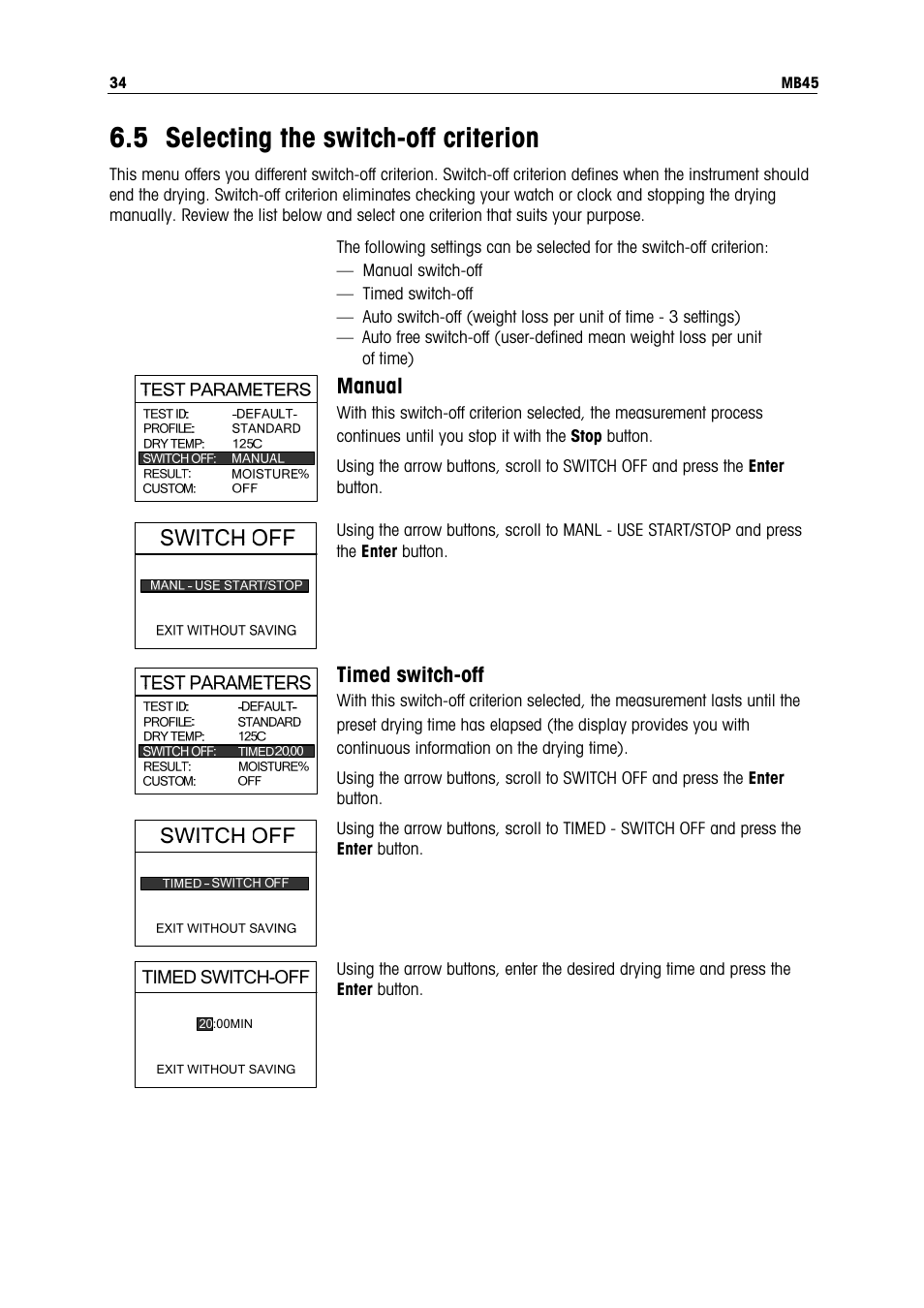 5 selecting the switch-off criterion, Manual, Timed switch-off | Ohaus MB45 MOISTURE ANALYZER Manual User Manual | Page 36 / 70