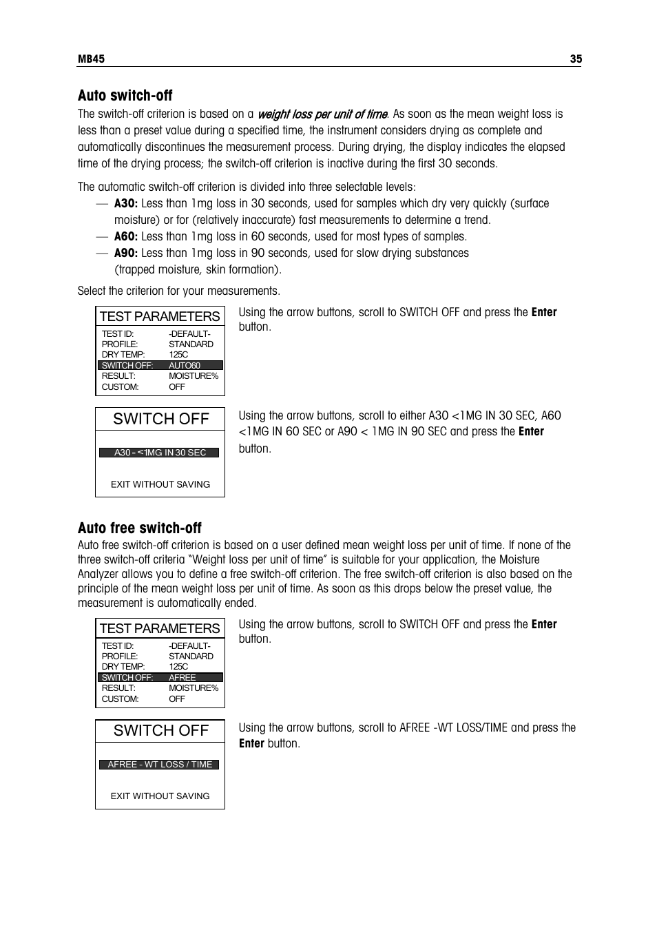 Auto switch-off, Auto free switch-off, Switch off | Ohaus MB45 MOISTURE ANALYZER Manual User Manual | Page 37 / 70
