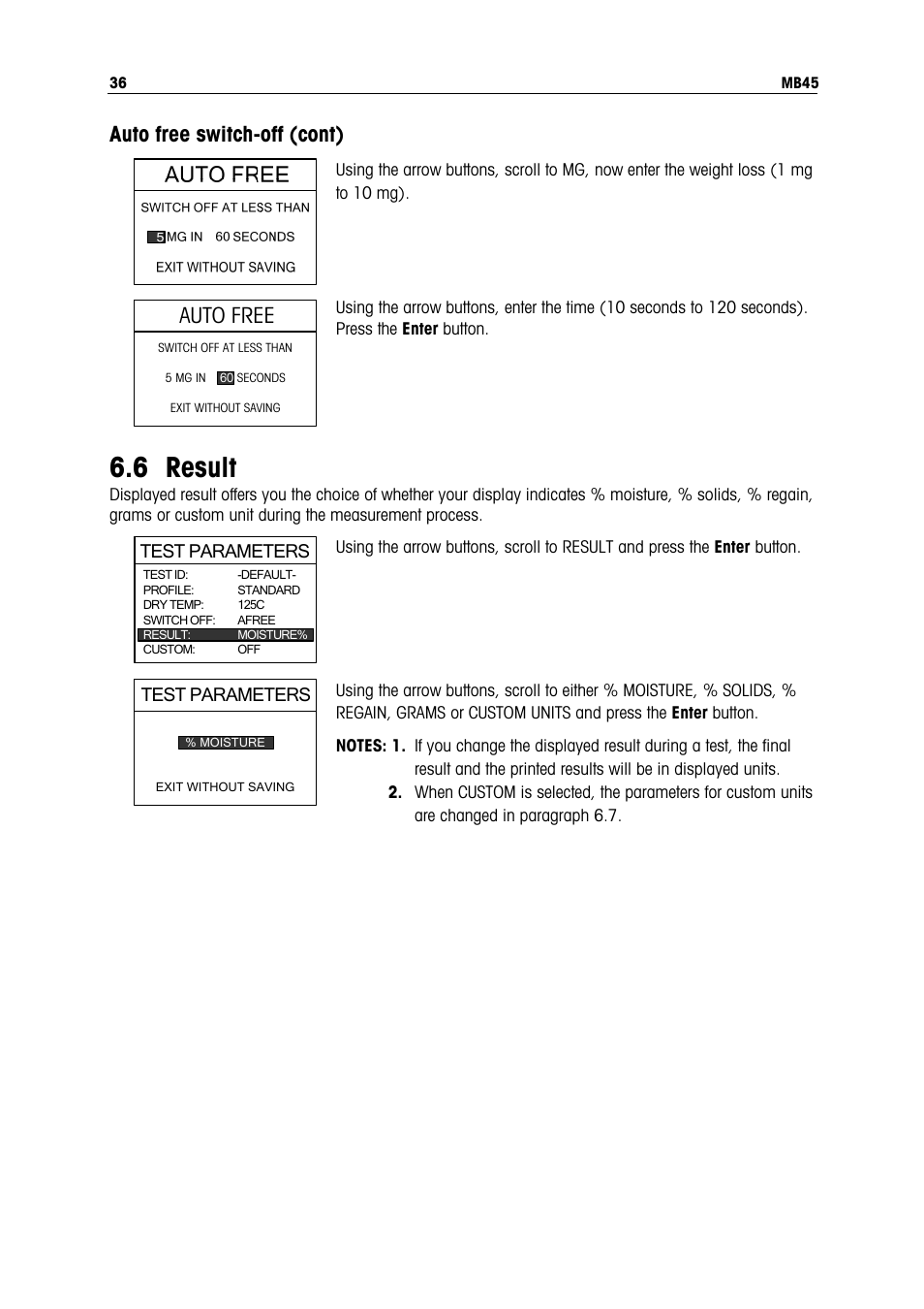 6 result, Auto free switch-off (cont), Auto free | Ohaus MB45 MOISTURE ANALYZER Manual User Manual | Page 38 / 70