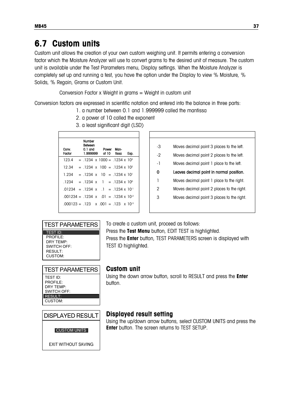 7 custom units, Custom unit, Displayed result setting | Test parameters | Ohaus MB45 MOISTURE ANALYZER Manual User Manual | Page 39 / 70