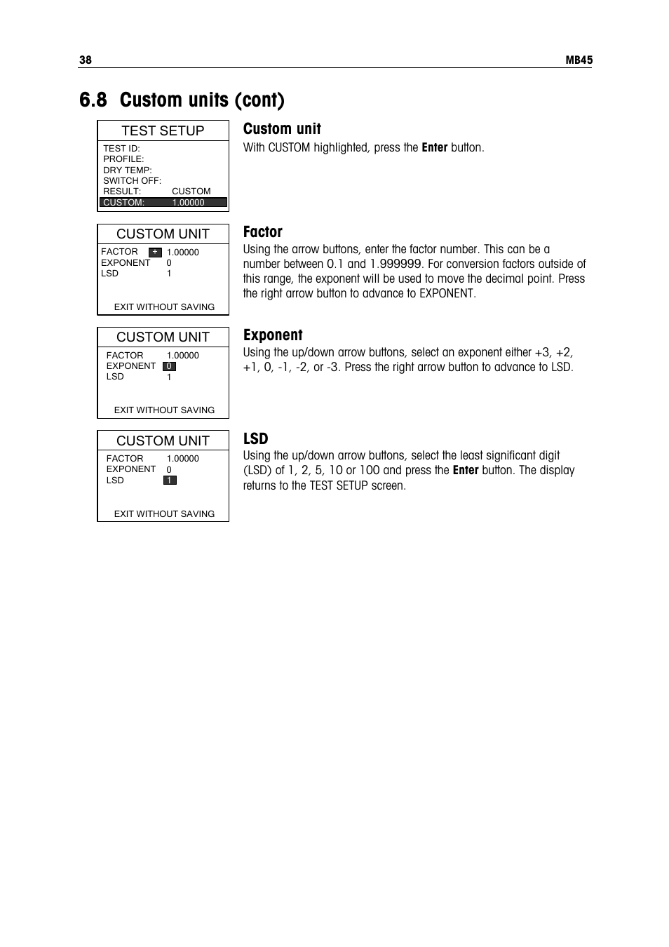 8 custom units (cont), Custom unit, Factor | Exponent | Ohaus MB45 MOISTURE ANALYZER Manual User Manual | Page 40 / 70