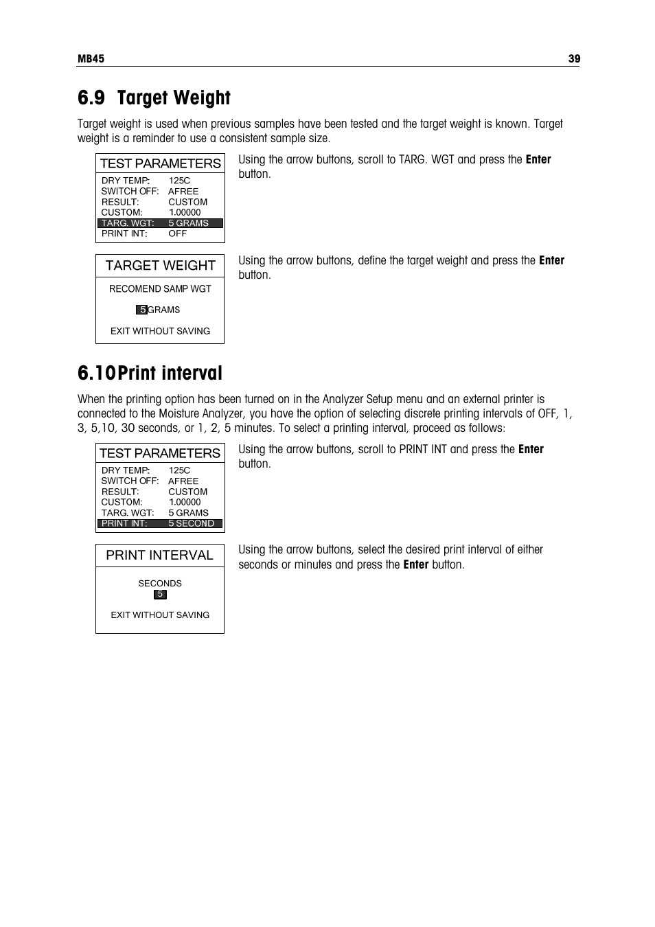 9 target weight, 10 print interval | Ohaus MB45 MOISTURE ANALYZER Manual User Manual | Page 41 / 70