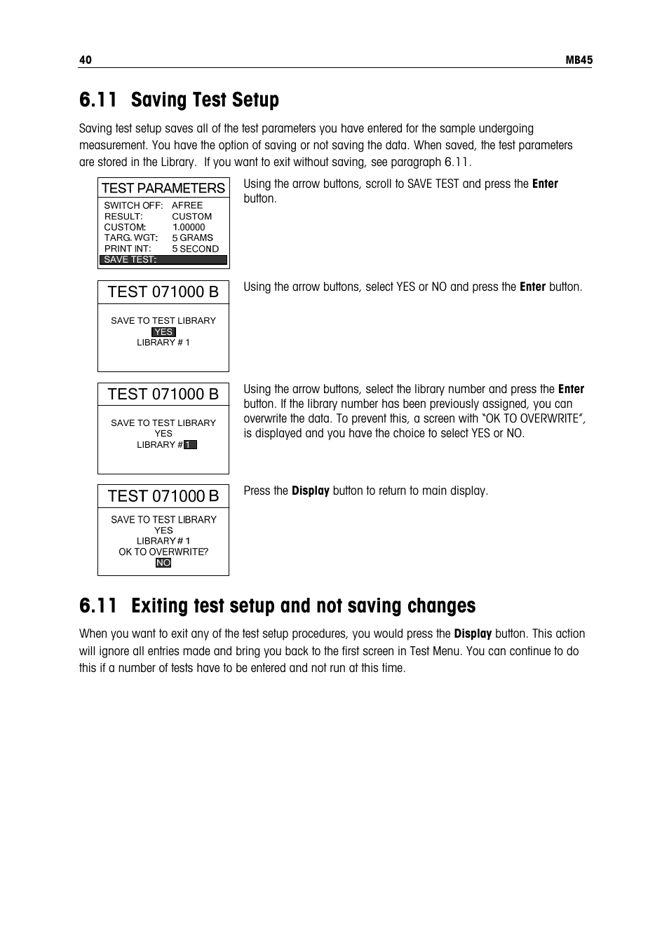 11 saving test setup, 11 exiting test setup and not saving changes | Ohaus MB45 MOISTURE ANALYZER Manual User Manual | Page 42 / 70