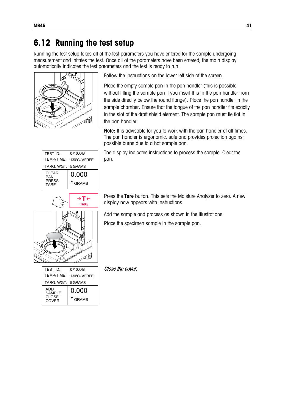 12 running the test setup | Ohaus MB45 MOISTURE ANALYZER Manual User Manual | Page 43 / 70
