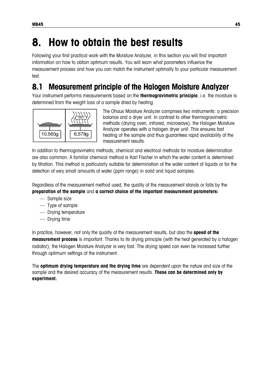 How to obtain the best results | Ohaus MB45 MOISTURE ANALYZER Manual User Manual | Page 47 / 70